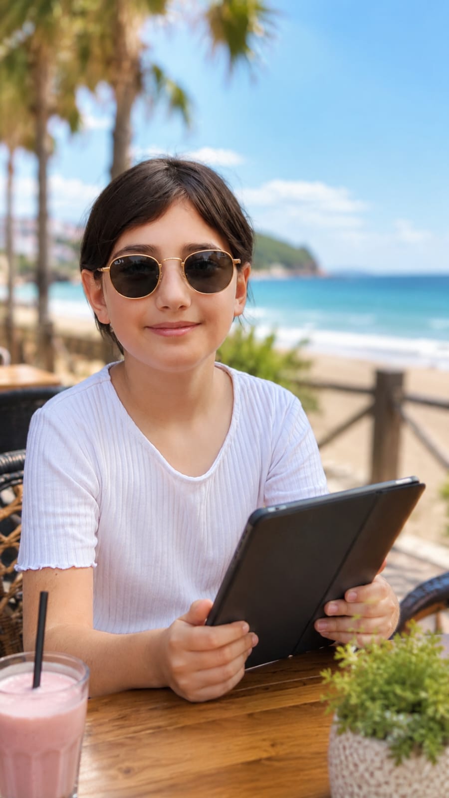 Sahil kenarında güneş gözlüğüyle tablet tutan çocuk
