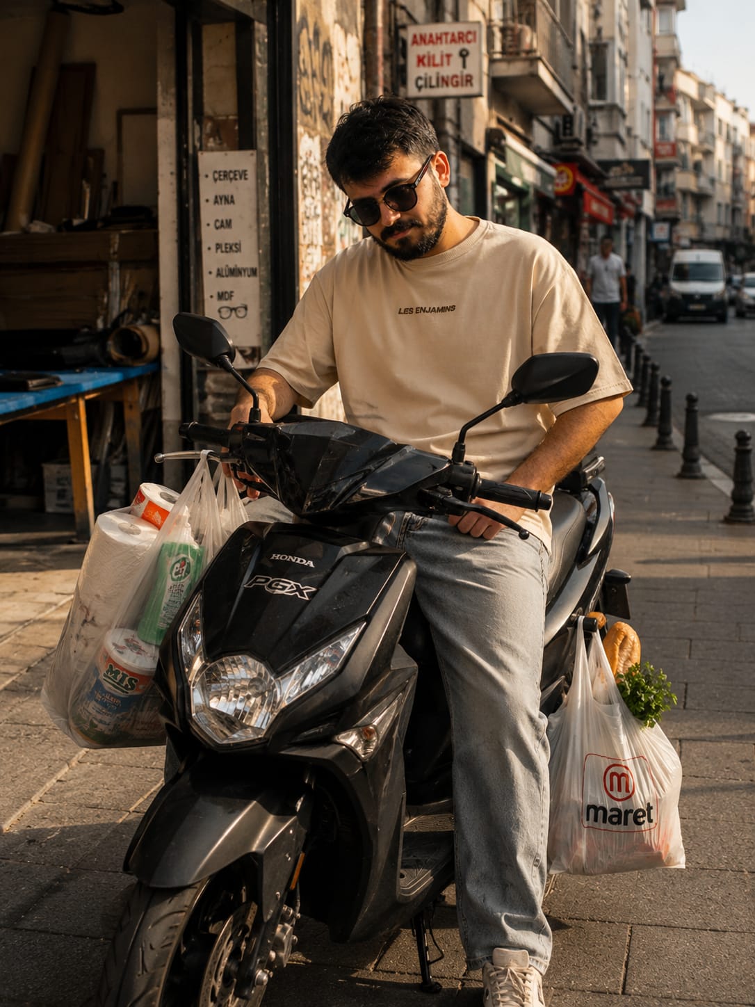 Şehir sokağında motosiklet üzerinde güneş gözlüğü takan erkek