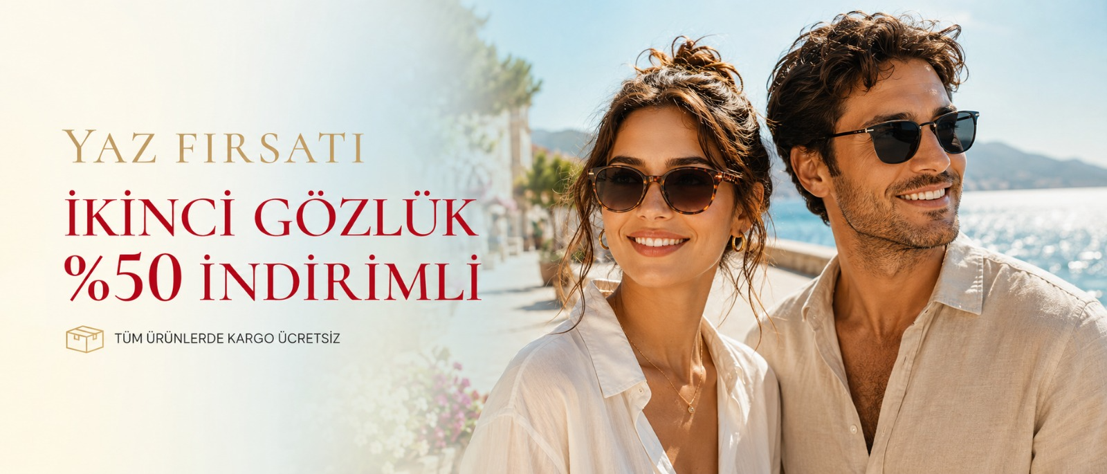 İkinci gözlükte yüzde 50 indirim yaz fırsatı kampanyası ve güneş gözlüklü çift